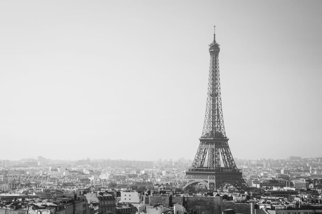 black and white skyline of Paris with Eiffel Tower