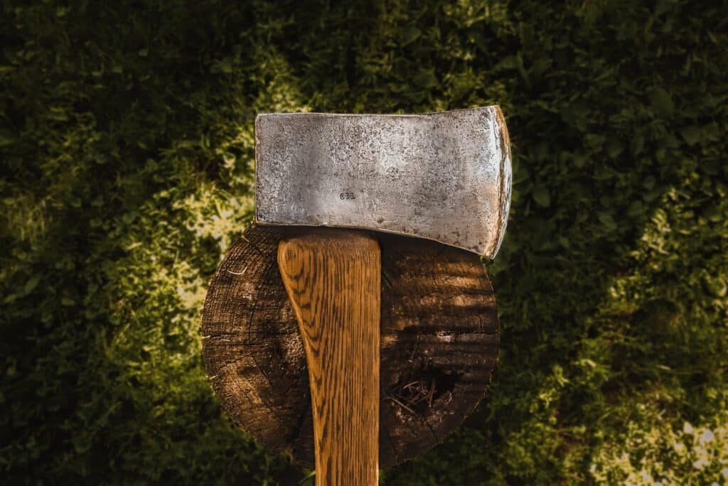 close up of axe head on chopping block