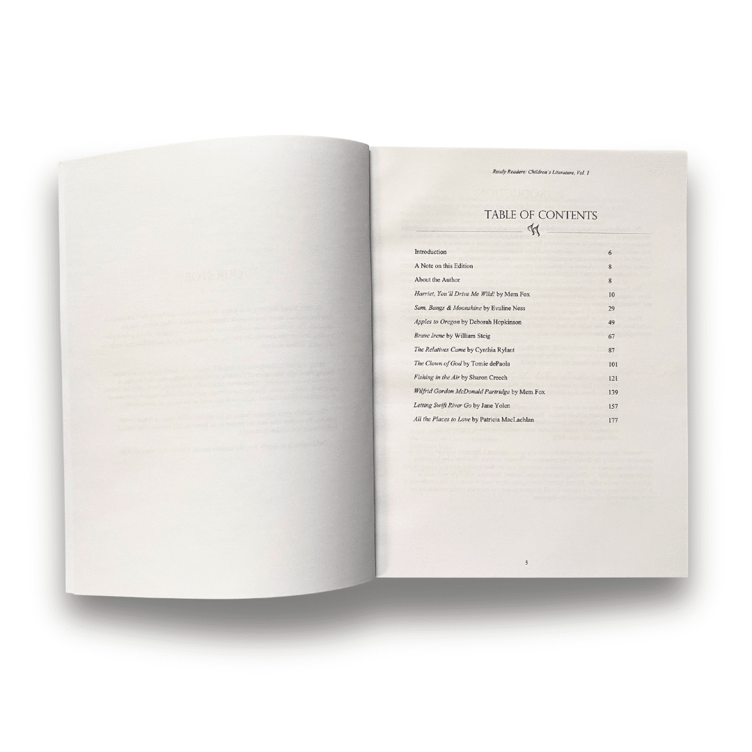 Ready Readers: Middle School Literature, Volume 1 interior with table of contents