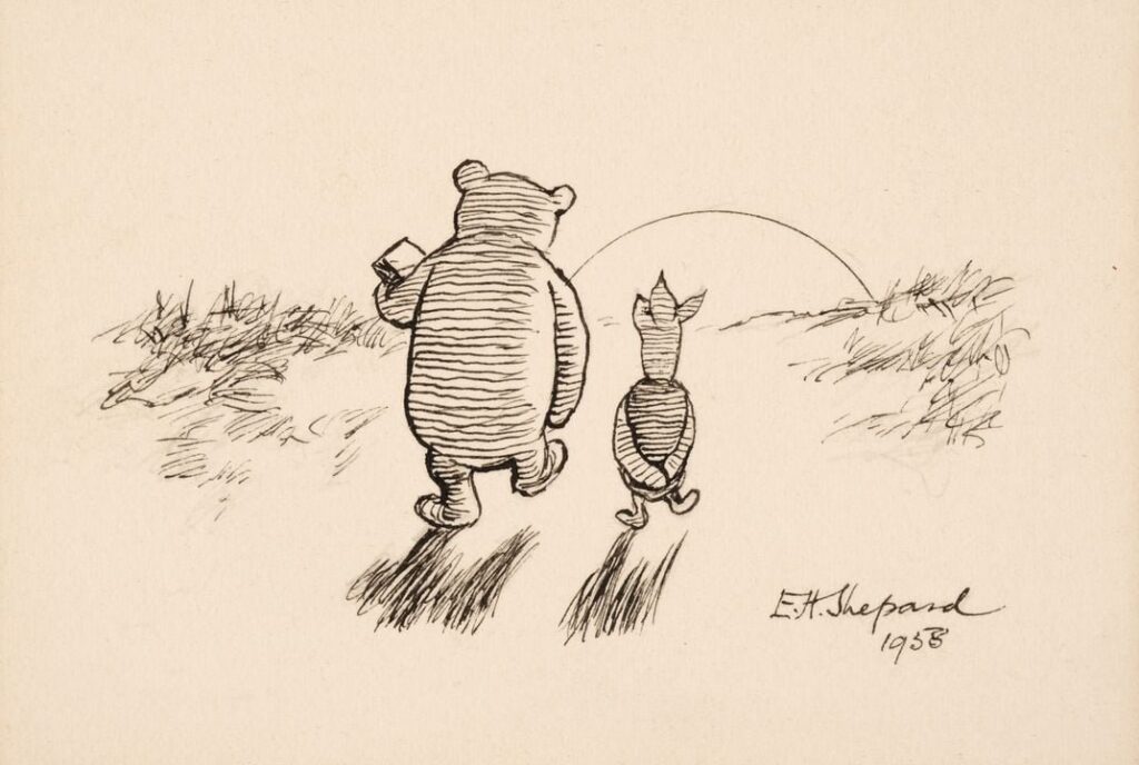 E. H. Shepard illustration of Piglet and Pooh walking toward the horizon
