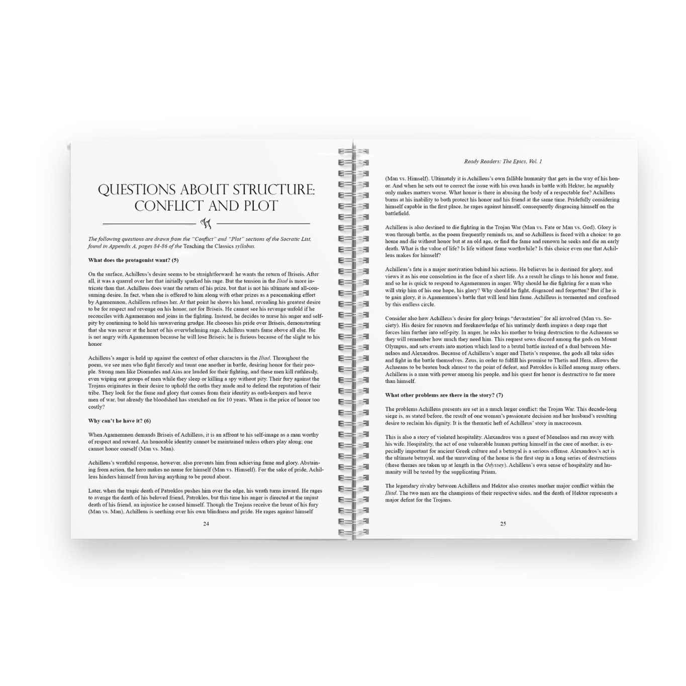 Interior of Ready Readers: Epics Volume One featuring Conflict and Plot questions with answers